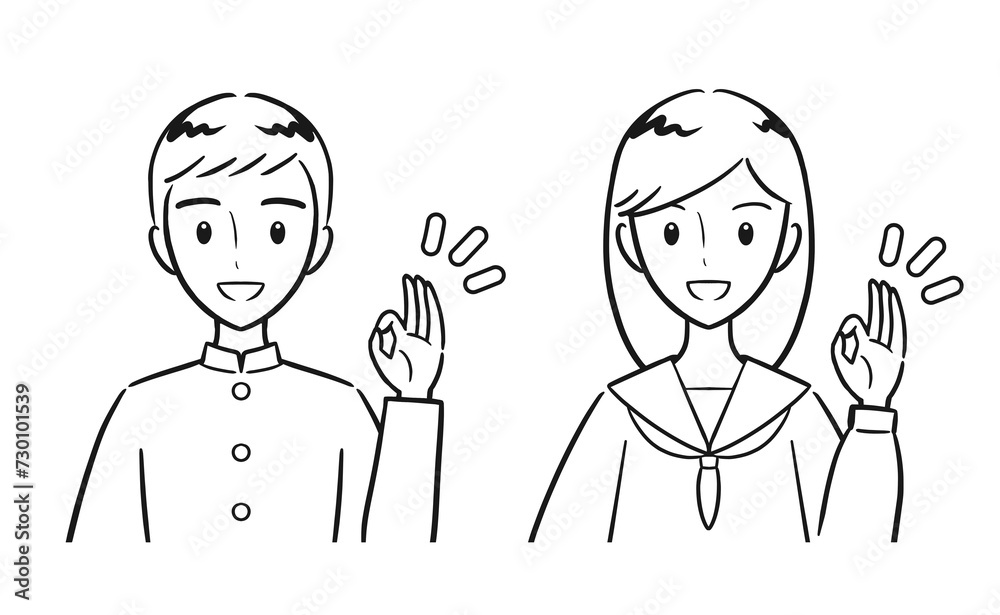 OKサインをする男子中学生・女子中学生セット（線画）