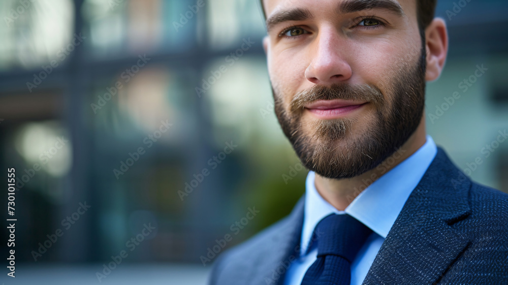 Close-up professional portrait of a business executive exuding confidence in corporate attire.
