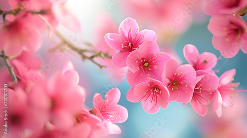 Vibrant pink blossoms spring background  cherry tree branches  bokeh  empty space  soft colors