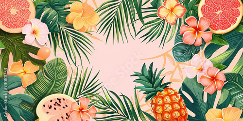 tropical background with fruits, orange, papaya and flowers, leaves. flora and botany photo