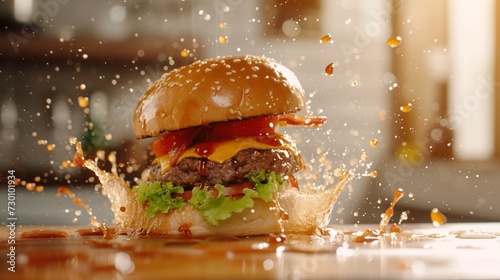 Big HumBurger splashes and splashes in the air generated by ai photo