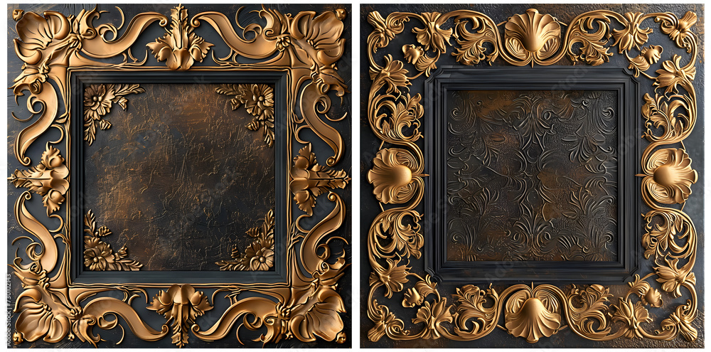 Dark square picture frame with beautiful golden decorations and elements. Mockup template.