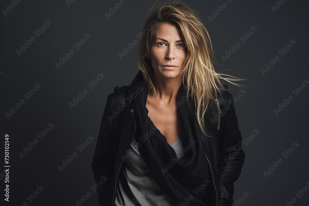 Fashion portrait of a beautiful woman in a black leather jacket.