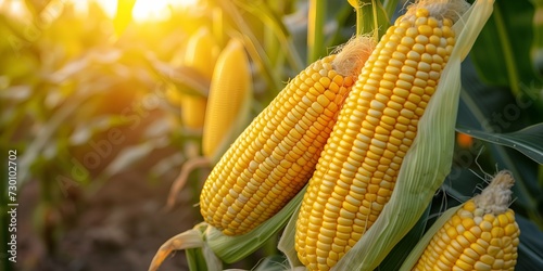 Ripe corn on the cob in the field, close-up