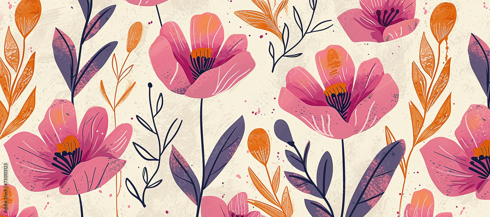 Fototapeta premium Delicate floral watercolor pattern, watercolor flowers and leaves, cute floral print. spring, botany and flora