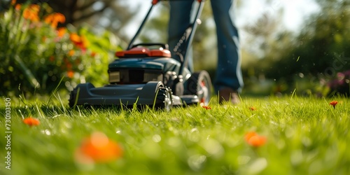 Close-up of a lawn mower cutting grass in the garden