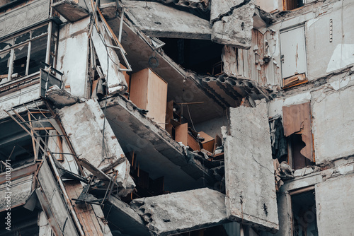 destroyed and burned houses in the city during the war in Ukraine