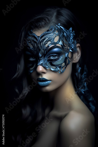 woman adorned with intricate blue patterns on their hair and skin against a dark background, ai generative