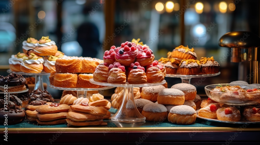 A showcase of freshly baked products such as croissants and donuts, cupcakes and pies.
Concept: culinary magazines for cafes and bakeries, blogs about food, baking and confectionery, selling desserts.