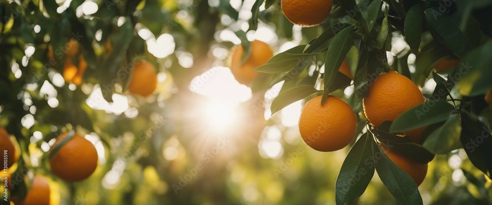 Bunch of fresh ripe oranges hanging on a tree in orange garden 