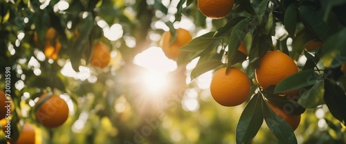 Bunch of fresh ripe oranges hanging on a tree in orange garden 