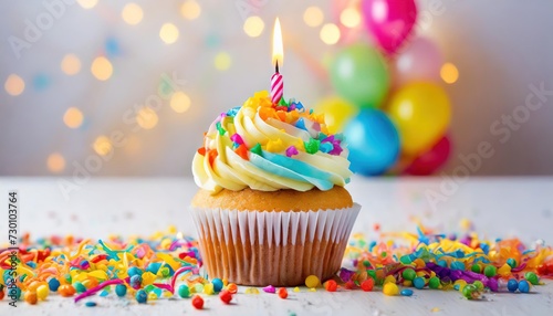 A colorful vanilla cupcake sitting on the counter with a lit candle, sprinkles and balloons for a birthday celebration