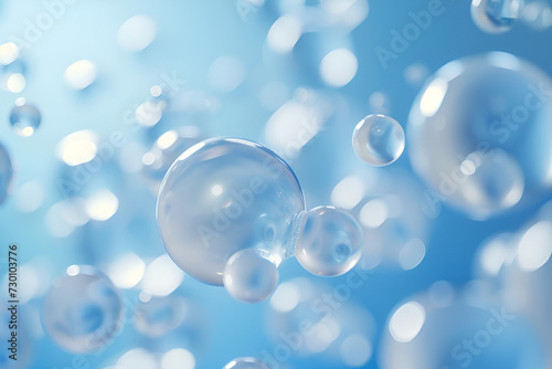 Many clear bubbles floating in the air against a light blue background. The bubbles reflect light and create a calm and dreamy mood. The bubbles have different sizes and shapes