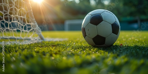 Soccer ball in goal net on green grass with yellow autumn leaves