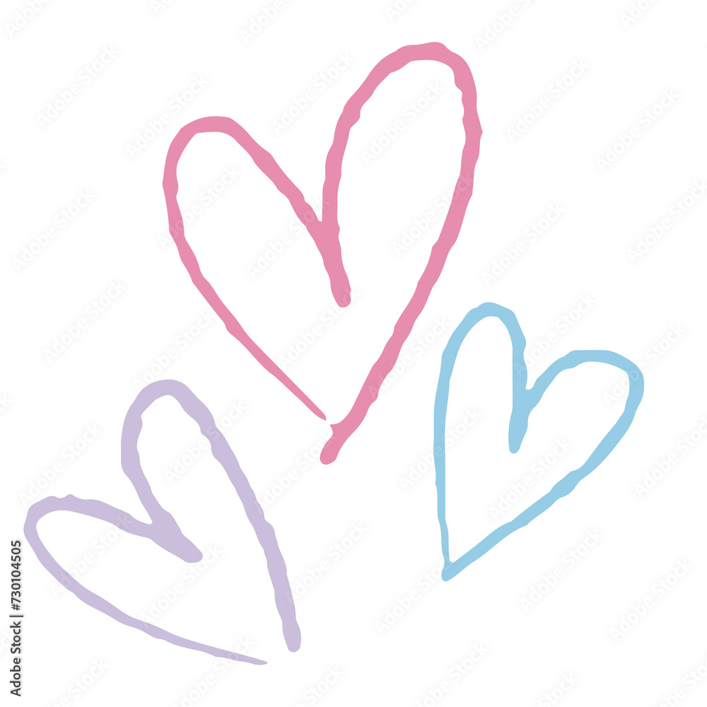 Hand drawn of pastel heart outlines for cute sticker, tattoo, fabric print, decorations, clip art, love logo, icon, Valentine's Day, social media post, card, sign, symbol