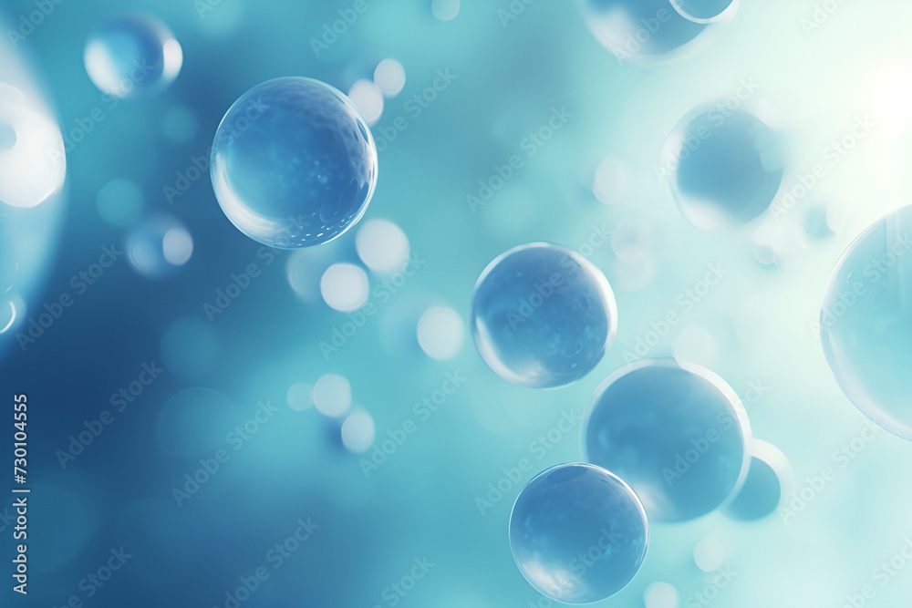 an artistic representation featuring a collection of transparent and glossy bubbles or droplets. They are floating against a soft blue background, creating a serene and ethereal atmosphere