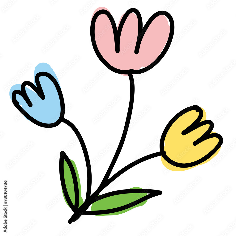Hand drawn pastel flowers in kid colouring style for floral stickers, logo, icon, clip arts, tattoo, decorations, shirt print, card, social media, plant, garden, spring, summer, ads, banner
