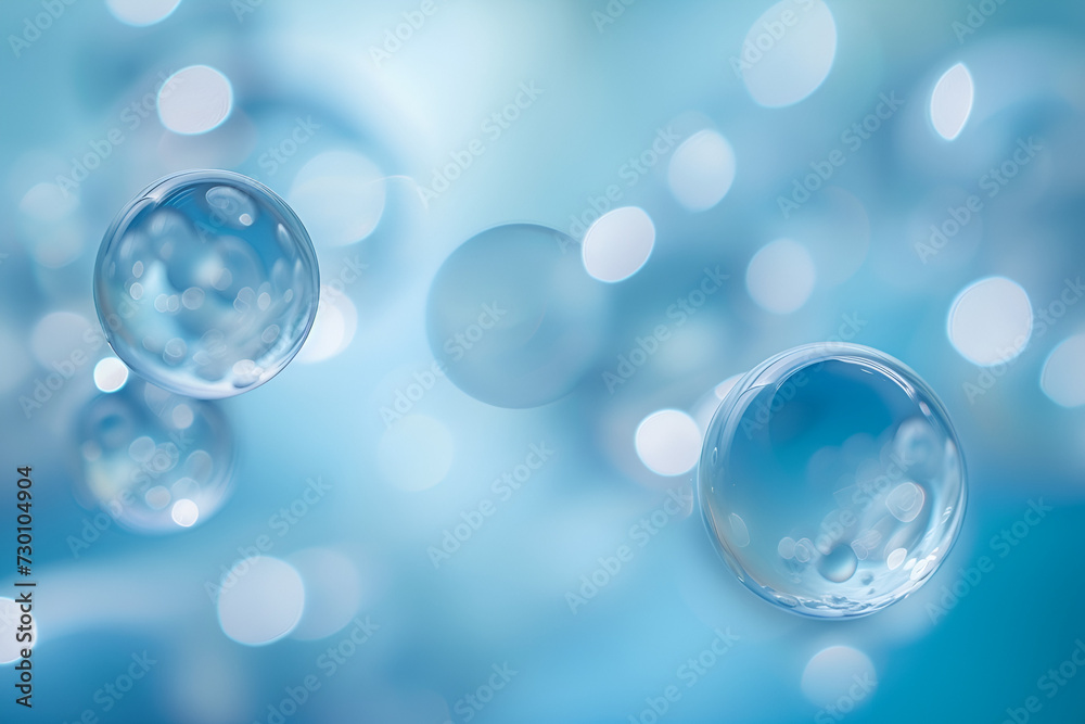 An artistic representation featuring a collection of transparent and glossy bubbles or droplets. They are floating against a soft blue background, creating a serene and ethereal atmosphere.