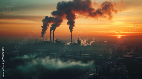 Sunset silhouette of an industrial plant emitting smoke against a polluted city skyline, blending nature with industry in an environmental landscape