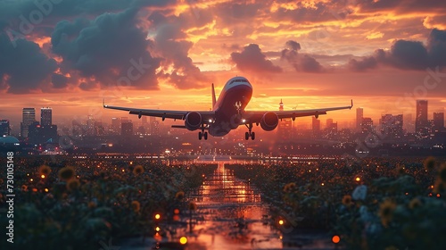 An airplane take off from airport in the evening. photo