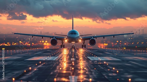 An airplane take off from airport in the evening. photo