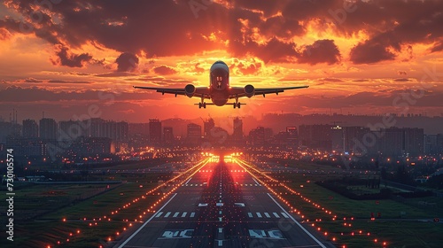 An airplane take off from airport in the evening.