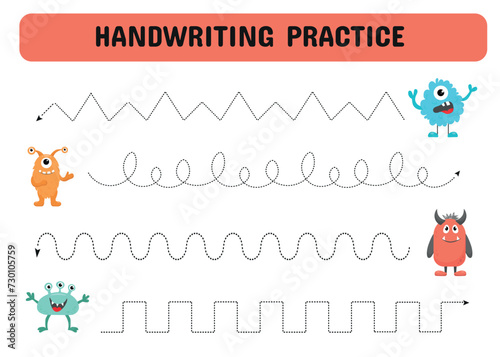 Handwriting practice sheet with monsters. Educational children game. Tracing lines. early education worksheet for kids.Vector illustration