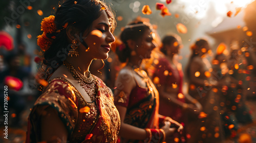 A woman of Indian descent, elegantly attired in traditional clothing and adorned with jewelry, performs a culturally rich dance at a wedding.  Generative AI photo