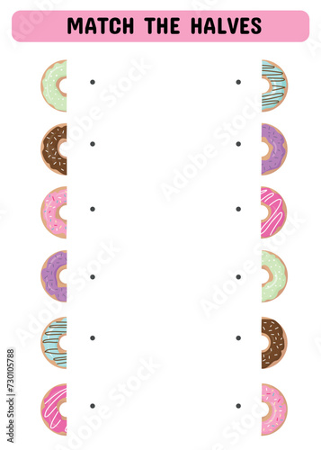 Find the half and connect. An educational game for preschoolers with donuts. Printable sheet. Vector illustration