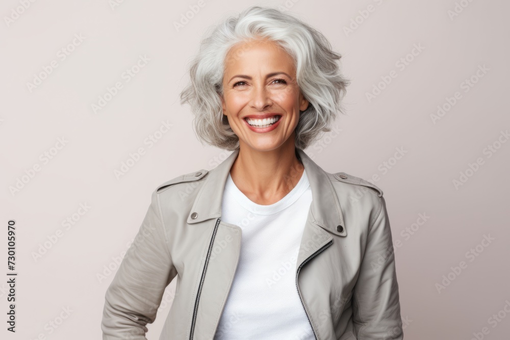 Cheerful senior woman with grey hair. Attractive mature woman looking at camera and smiling while standing against grey background Cheerful senior woman with grey hair. Attractive mature woman looking at camera and smiling while standing against grey background