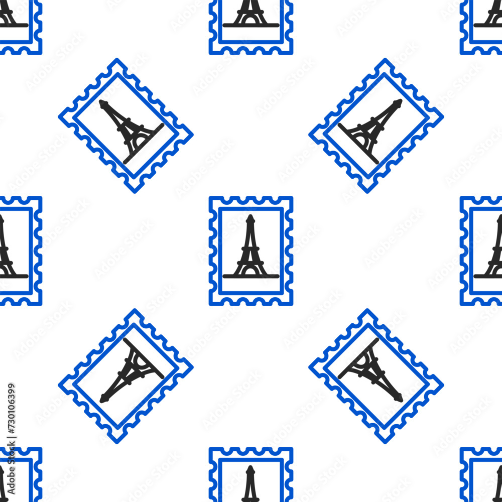 Fototapeta premium Line Postal stamp and Eiffel tower icon isolated seamless pattern on white background. Colorful outline concept. Vector