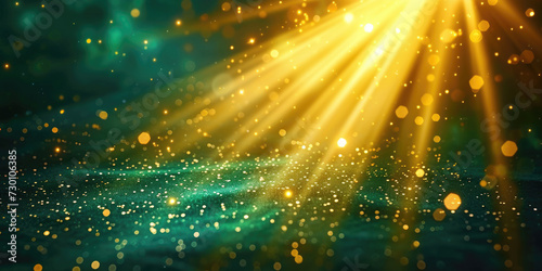 a beautiful light shining out with golden rays bokeh green , bright green sun shining through dark background. Suitable for nature, environmental, energy, and abstract concepts. Textures, patterns, © Planetz