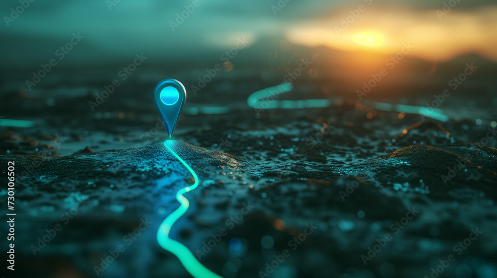 Fototapeta premium Wavetracing map navigation technology design concept with dark azure and sky-blue marker on topographical map