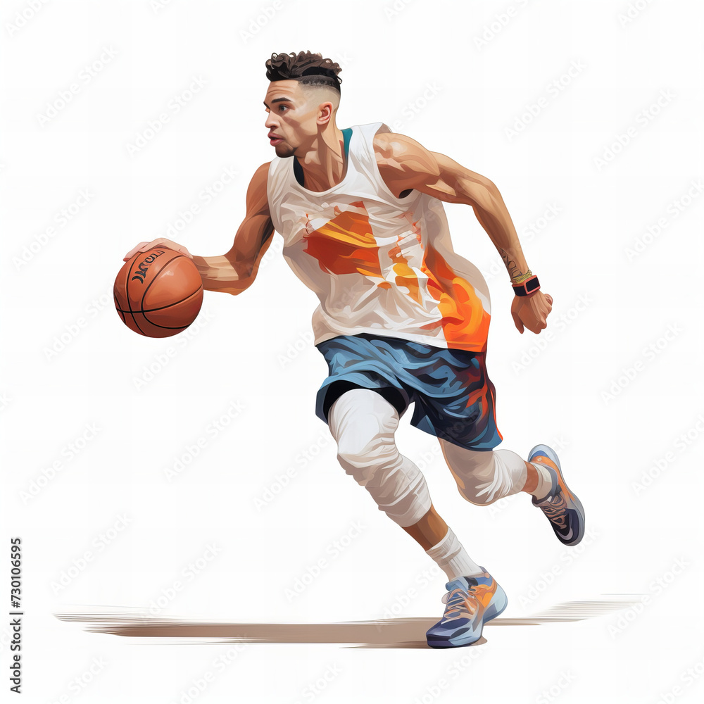 Dynamic Basketball Player in Action - Colorful Illustration of Athletic Man Dribbling in a Game