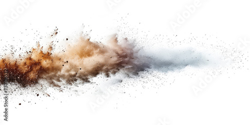 a brown splash painting on white background, brown powder dust paint beige brown explosion explode burst isolated splatter abstract. brown smoke or fog particles explosive special effect