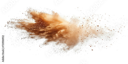 a brown splash painting on white background, brown powder dust paint beige brown explosion explode burst isolated splatter abstract. brown smoke or fog particles explosive special effect photo