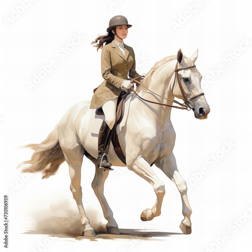 Elegant Equestrian: Female Rider on Majestic White Horse in Traditional Riding Attire with Helmet and Boots © Dmitry