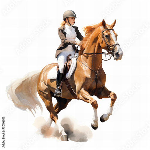 Equestrian Excellence: Female Rider in Show Jumping Gear on Chestnut Horse - Majestic Sportsmanship Illustration