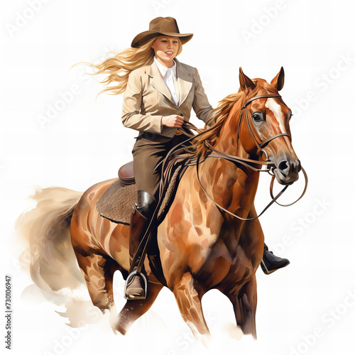 Elegant Cowgirl Riding Chestnut Horse with Style in Equestrian Fashion Illustration