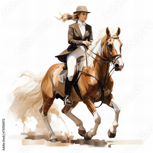 Elegant Equestrian Lady on Majestic Horse in Dynamic Motion - Artistic Illustration for Equine Enthusiasts and Lifestyle Imagery © Dmitry