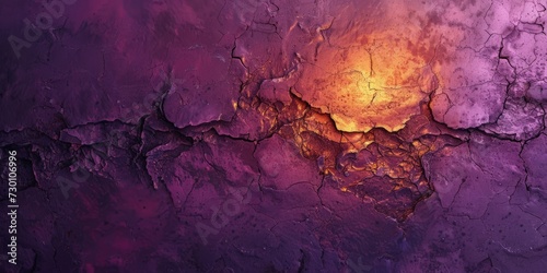 Textured Surface with a Central Focal Point that appears to be Glowing Warmly - Cracked Peeling Layers revealing Inner Light - Colors are Various Shades of Purple created with Generative AI Technology