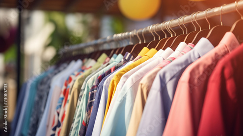 Colourful clothes on clothing rack, pastel colorful closet in shopping store or bedroom. Rainbow color clothes choice on hangers, Casual shirts in a wooden rack, Fashion and shopping concept demonstra