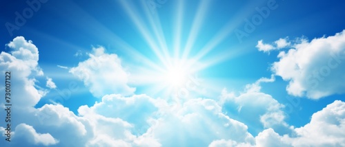 Summer weather / cloudscape landscape background banner - Blue sky with clouds and sun sunshine sunbeams sun rays