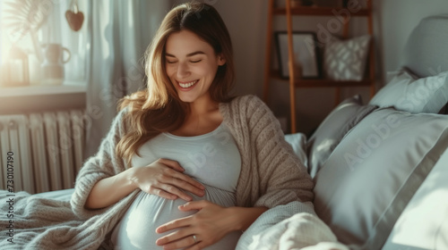 Young girl kissing belly of her pregnant mother. Caucasian girl kissing belly of pregnant mother. Pregnant mother and daughter having fun time at home. Happy for the new sister. Girl touching pregnant