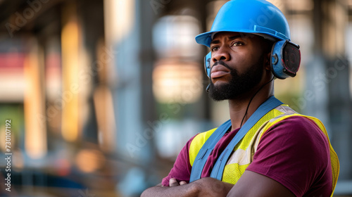 A construction worker with a blue safety helmet and reflective vest stands with crossed arms, looking intently at a construction site.