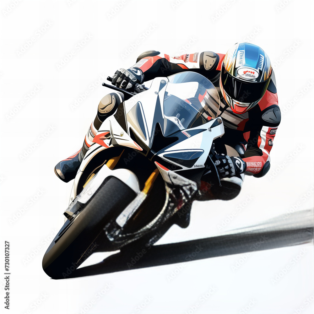 Professional Motorcycle Racer in Full Gear Cornering Sharply on Sport Bike with Dynamic Speed Effect on a Clear Background