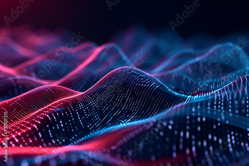 a digital, abstract network of interconnected nodes against a dark background. Bright blue nodes are connected by lines, forming a complex web. Two wave-like structures, rendered in red wireframe