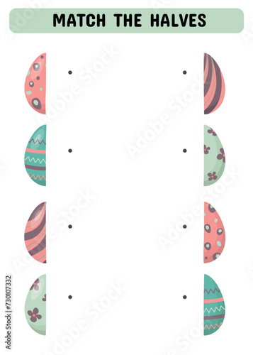 Match the halves game for preschoolers. A game with Easter eggs. Color sheet for printing. Vector illustration