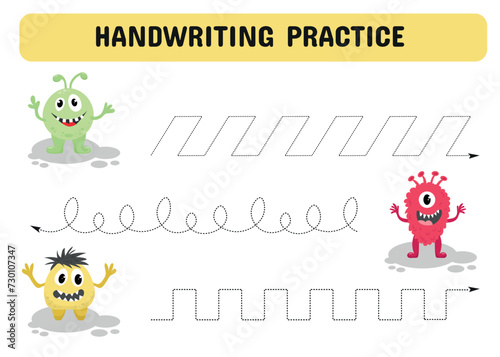 Handwriting practice sheet with monsters. Educational children game. Tracing lines. early education worksheet for kids.Vector illustration