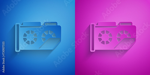 Paper cut Video graphic card icon isolated on blue and purple background. Paper art style. Vector